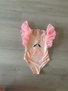 Pink Ruffle-Sleeve One-Piece Bodysuit with Swan Detail